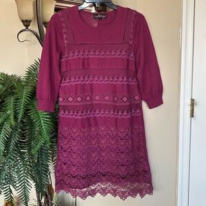 NWOT Liza Byrd Plum Eyelet Embroidered Lace Layers Sweater Knit Dress 3/4 Sleeve
